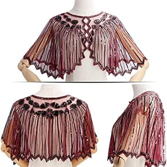 Women's Beaded Sequin Wrap Shawl 1920s Flapper Cape for Evening Parties - Picture 3 of 6